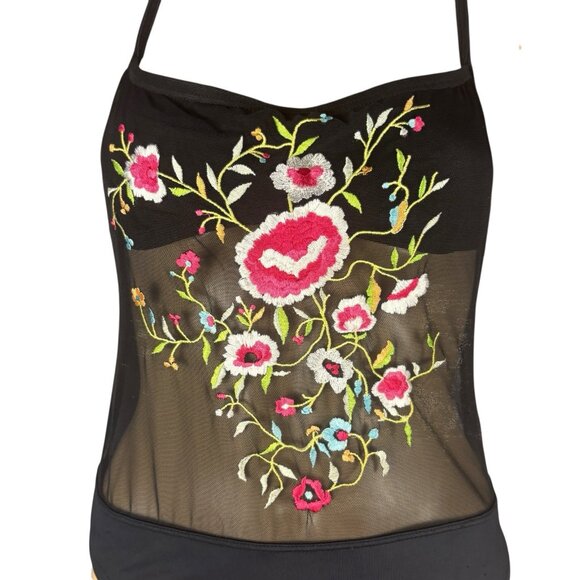 Victoria Secret vintage Bodysuit Black Micro Mesh Embroidery Swimwear  Open Back - Picture 4 of 16